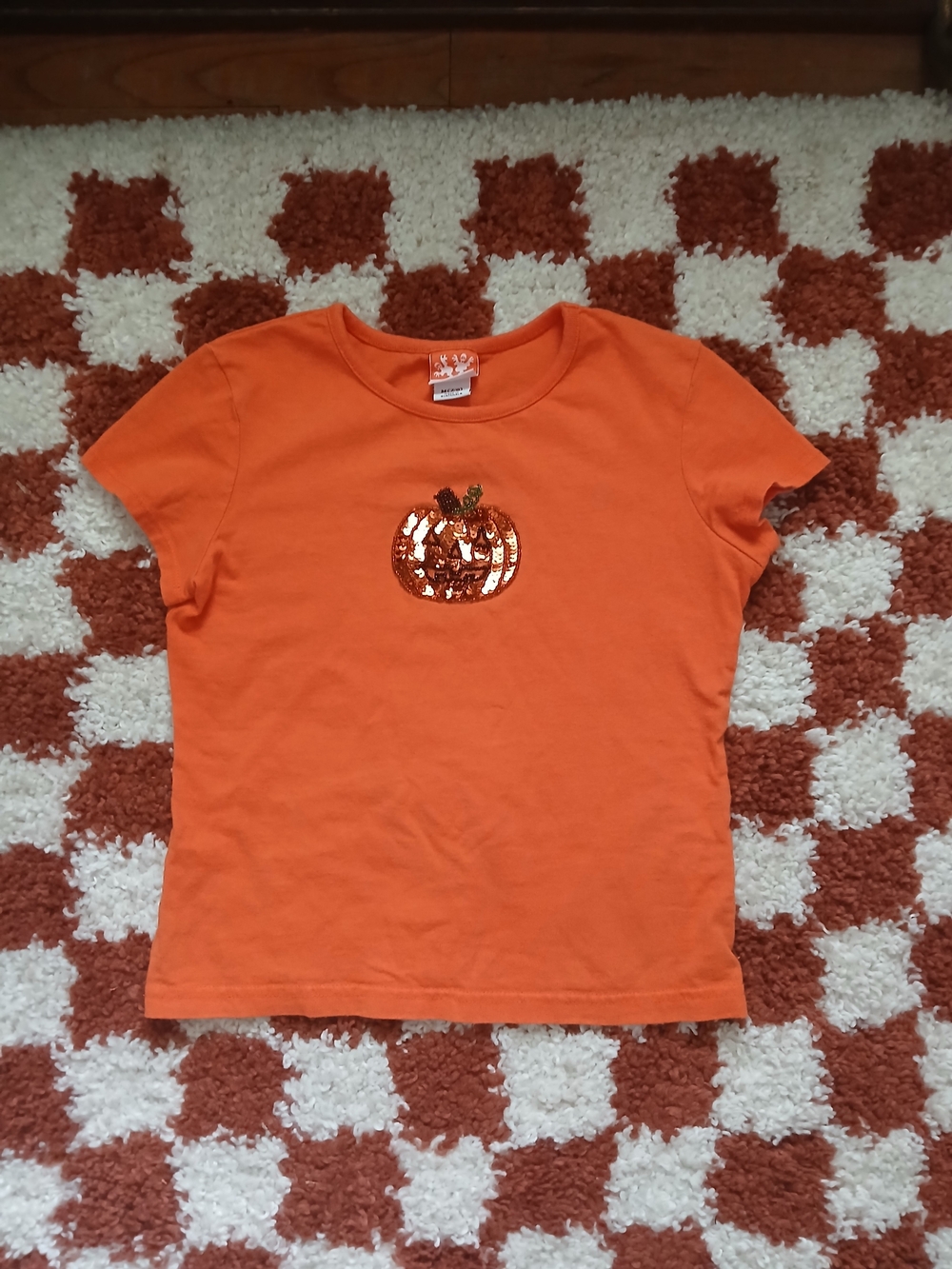 Youth Y2K Orange Short-Sleeve Sequined Pumpkin Baby Tee